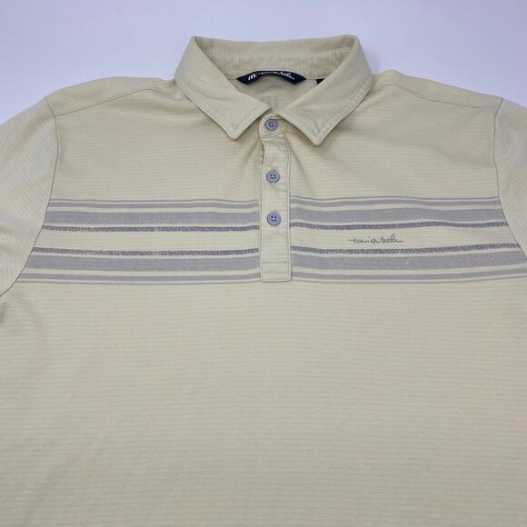 Travis Mathew Large Yellow Gray Striped Short Sleeve Golf Polo Shirt - Picture 1 of 5